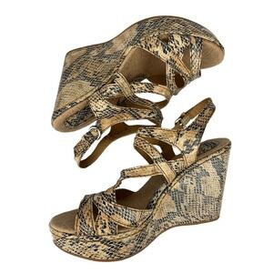 BORN BOC Womens 8 Leather Slingback Snake Print Wedge Buckle Ankle Strap Sandals